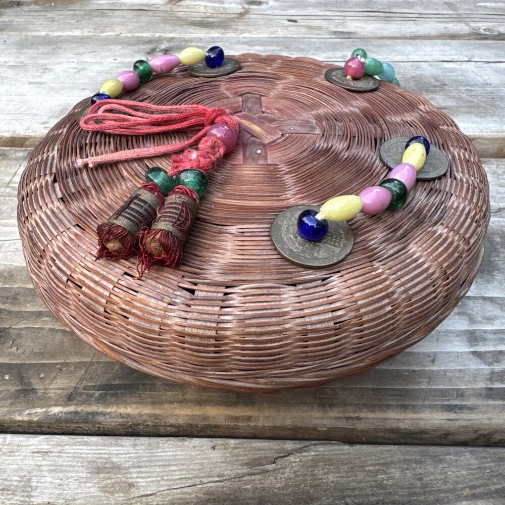 Antique Vintage 7" Chinese Sewing Basket with Beads, Coins and Tassels